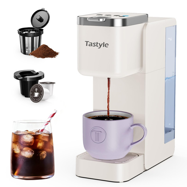 Tastyle Single Serve Coffee Maker Iced And Hot Coffee Machine For K Cup & Grounds Compact Design 40Oz Removable Water Reservoir 6 To 24 Oz Brew Sizes Fits 7.3" Travel Mug Black