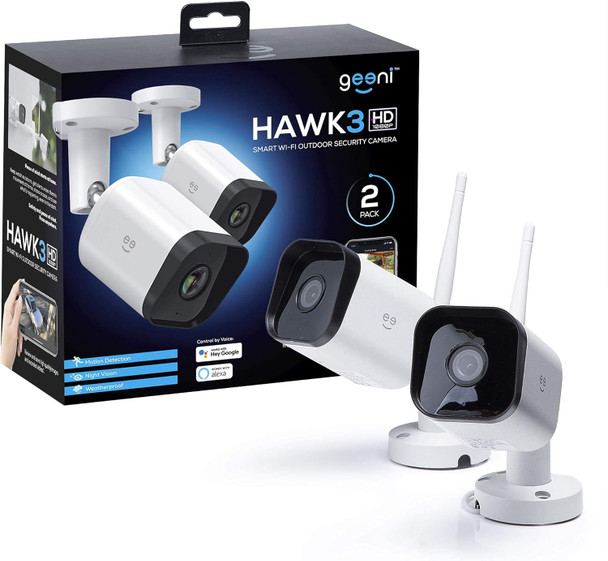 Geeni Hawk 3 HD 1080p Outdoor Security Camera, IP66 Weatherproof WiFi Surveillance with Night Vision, 2-Way Audio, and Motion Detection - Works with Alexa and Google Home, No Hub Required (2-Pack) Geeni Hawk 3 HD 1080p Outdoor Security Camera, IP66 Weatherproof WiFi Surveillance with Night Vision, 2-Way Audio, and Motion Detection - Works with Alexa and Google Home, No Hub Required (2-Pack)
