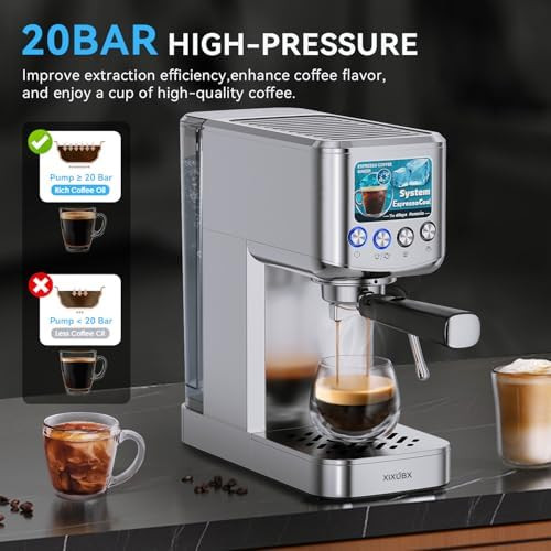 Xixubx Espresso Machine 20 Bar With Milk Frother Stainless Steel Coffee Maker With 42 Oz Removable Water Tank For Cappuccino Latte&Cold Brew Home&Office Silver