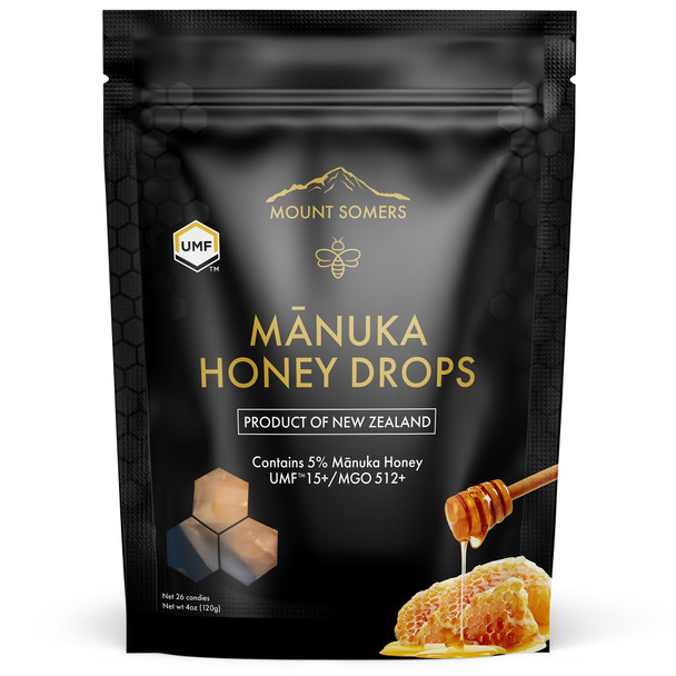 Mount Somers UMF 15+ Manuka Honey Drops - 26pcs Soothing Throat Lozenges from New Zealand, Natural Relief for Sore Throats