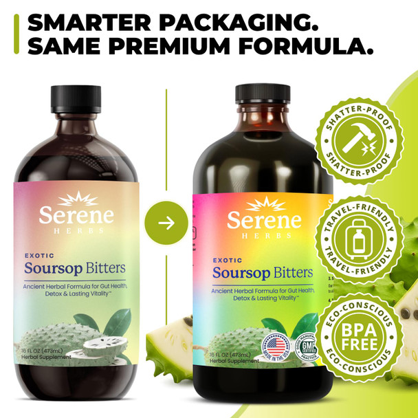 Serene Herbs - Soursop Bitters Liquid - Organic Herbal Guanabana Detox with Black Seed, Moringa & Ginger - Supports Digestive Wellness & Immune Function - 16 fl oz​