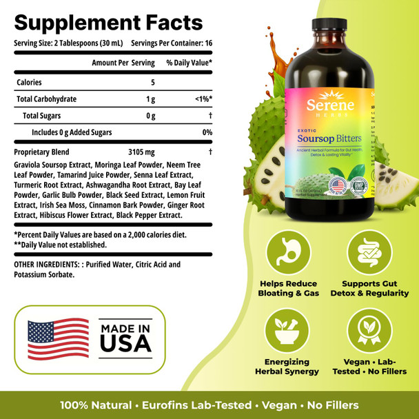 Serene Herbs - Soursop Bitters Liquid - Organic Herbal Guanabana Detox with Black Seed, Moringa & Ginger - Supports Digestive Wellness & Immune Function - 16 fl oz​