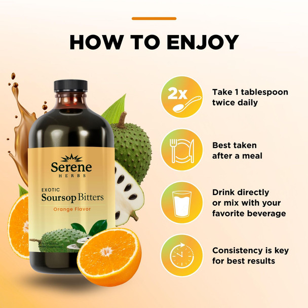 Serene Herbs Soursop Bitters Liquid – Organic Herbal Sour SOP Guanabana with Black Seed, Moringa, Irish Moss & Ginger – Gut Support, Energy & Immune Boost – Vegan, Non-GMO – Orange Flavor – 16 oz