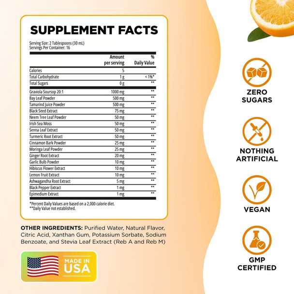 Serene Herbs Soursop Bitters Liquid – Organic Herbal Sour SOP Guanabana with Black Seed, Moringa, Irish Moss & Ginger – Gut Support, Energy & Immune Boost – Vegan, Non-GMO – Orange Flavor – 16 oz