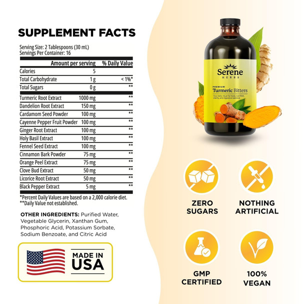 Serene Herbs Liquid Turmeric with Black Pepper - Turmeric Shots Curcumin Supplement 1000mg Extra Strength Herbal Drink, Digestive Bitters for Bloating Relief, Joint Health, Energy & Clarity - 16oz