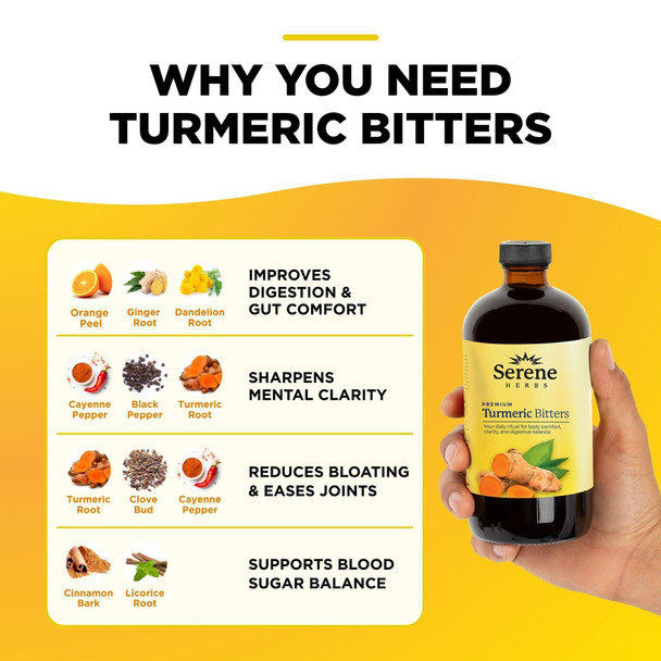 Serene Herbs Liquid Turmeric with Black Pepper - Turmeric Shots Curcumin Supplement 1000mg Extra Strength Herbal Drink, Digestive Bitters for Bloating Relief, Joint Health, Energy & Clarity - 16oz