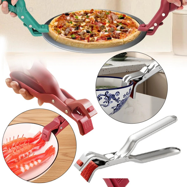 BNGXR Stainless Steel Gripper Clips Hot Dish Plate Anti-Scald Clip Non-slip Bowls Clamp Holder for Frying Pans Air Fryer Steamers Oven - Red