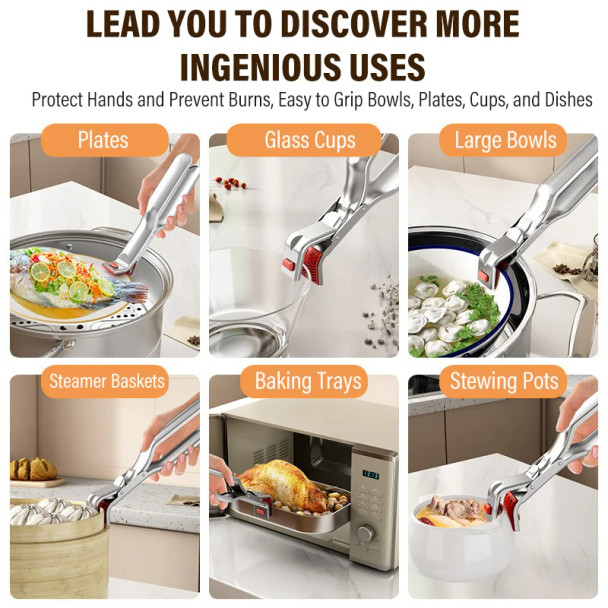 BNGXR Stainless Steel Gripper Clips Hot Dish Plate Anti-Scald Clip Non-slip Bowls Clamp Holder for Frying Pans Air Fryer Steamers Oven - Red