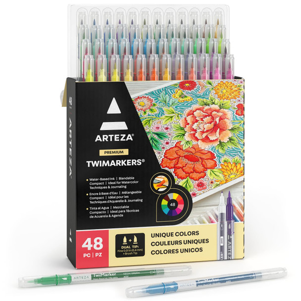 Arteza Dual Tip Brush Markers – Set Of 48 Pens With Fine And Brush Tips, Water-Based Ink For Coloring, Sketching, Lettering & Journaling
