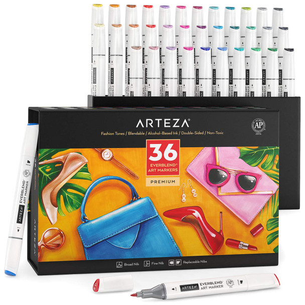 Arteza Alcohol Art Markers, Set Of 36 Colors, Tropical Tones, Everblend Sketch Pens In Organizer Box, Dual Tips