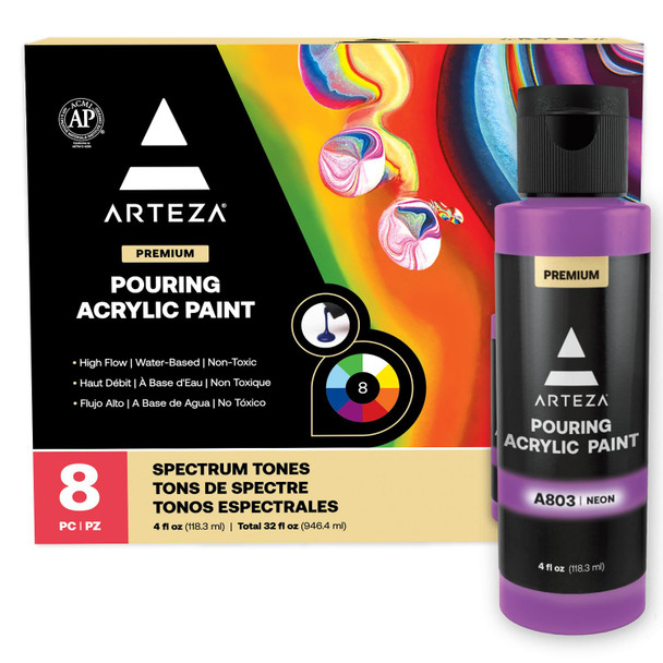 Arteza Acrylic Pouring Paint Set, 8 Rainbow Colors, 4 Oz Bottles, High-Flow Paint, No Mixing Needed, Art Supplies For Canvas, Glass, Paper, Wood, Tile, And Stones