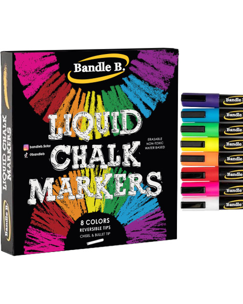 Bandle B. Chalk Markers - 8 Vibrant, Erasable, Non-Toxic, Water-Based, Reversible Tips. For Glass Or Chalkboard Markers For Businesses, Restaurants, Liquid Drawing Chalk (Vibrant 6Mm)