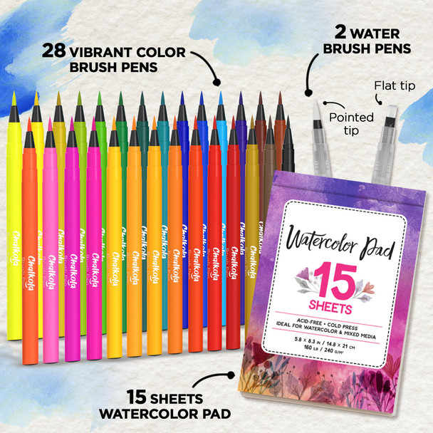 Chalkola Watercolor Brush Pens For Lettering, Coloring, Calligraphy - Set Of 28 Watercolor Pens, 15 Painting Pad & 2 Water Color Markers - Drawing Art Supplies For Kids, Adults, Professional Artist