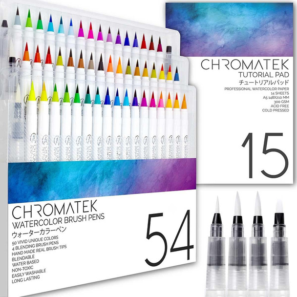 Chromatek 54 Watercolor Pens Set  Including 15 Page Pad & Online Video Tutorial Series  4 Aquapens & 50 Unique Colors  Brush Pens  Easily Blendable, Vivid, Smooth  Professional Art Supplies