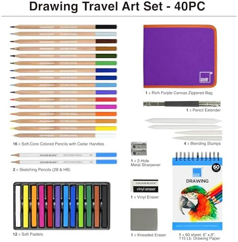Colour Block Drawing Travel Art Set - 60 Sheets 6 X 8 Inches Drawing Pad,16 Wood Colored Pencils, 12 Soft Pastels Set, 2 Sketching Pencils, And 8 Assorted Tools