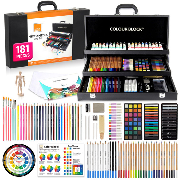 Colour Block 181-Piece Mixed Media Art Set In Wooden Case For Drawing Sketching Painting, Soft Oil Pastels, Acrylic Watercolor Paints, Pencils, Art Supplies Kit For Artists, Professional, Adults, Beginner
