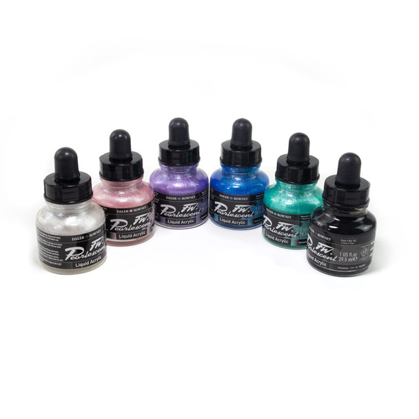 Daler-Rowney Fw Acrylic Ink Bottle 6-Color Pearlescent Set With Empty Marker - Acrylic Set Of Drawing Inks For Artists And Students - Art Ink Calligraphy Set - Permanent Calligraphy Ink