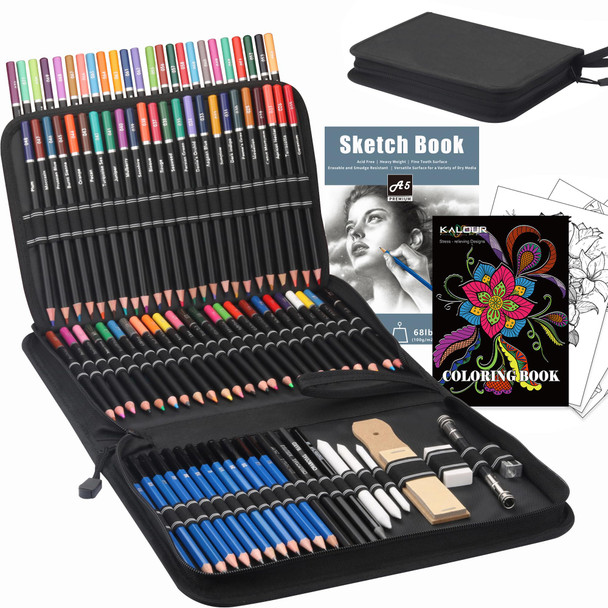 Kalour 76 Drawing Sketching Kit Set - Pro Art Supplies With Sketchbook & Watercolor Paper - Include Tutorial,Pastel,Watercolor,Sketch,Colored,Metallic,Charcoal Pencils - For Artists Beginners Adults