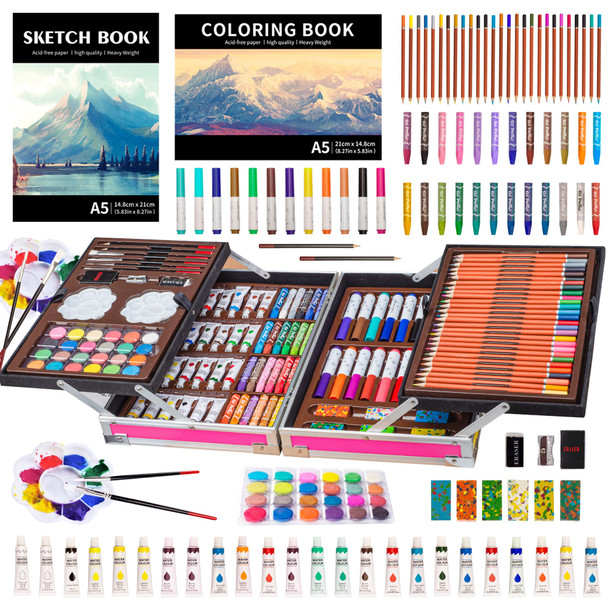Kinspory Art Set, 139 Pack Painting Drawing Art Supplies Kit With 2 Sketch Pads, Double Layers Art Crafts, Colored Pencils, Oil Pastels, Watercolor Paints, Aluminum  Case For Artists Kids (Pink)
