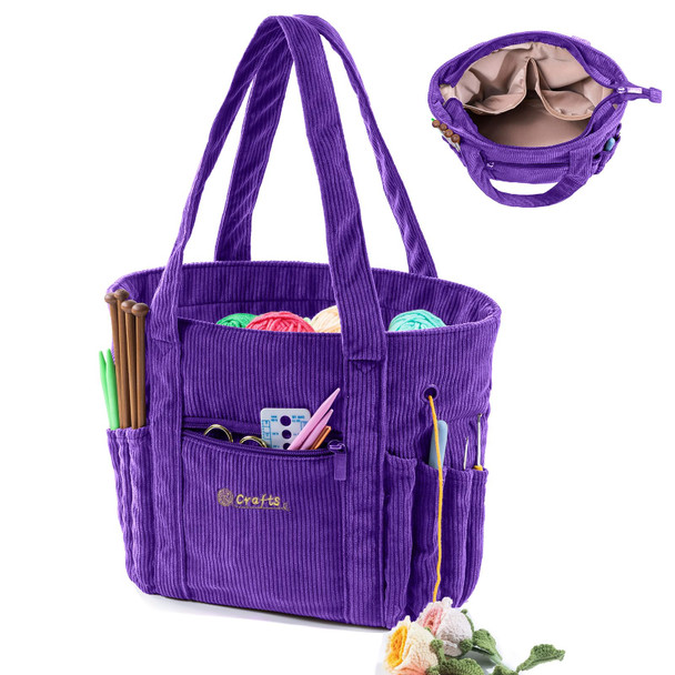 Mybagzing Crochet Bag And Tote - Corduroy Yarn Bag - Yarn Holder For Crocheting - Crochet Storage Bag For Crochet Hooks, Crochet Accessories, Knitting Bag For Crochet Lovers, Mother'S Day