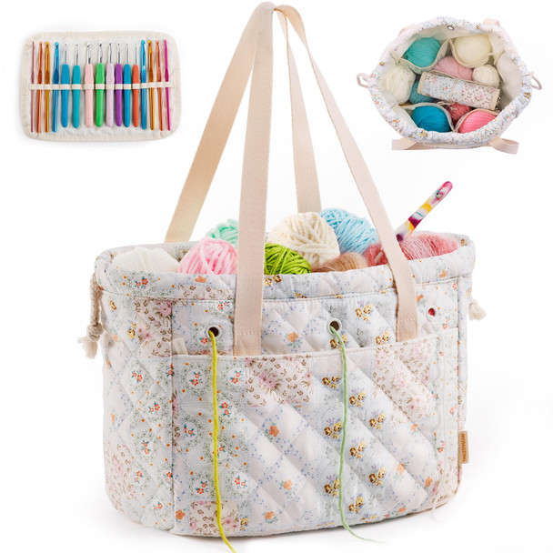 Mybagzing Portable Crochet Bag Organizer With Crochet Hook Organizer Roll, Quilted Yarn Storage Tote With Grommets, Knitting Project Bag For Yarn & Accessories, Floral Craft Tote  For Crocheters