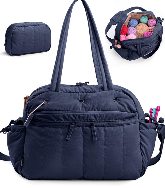 Mybagzing Stylish Crochet Bag Organizer With Crochet Hook Case, Large Capacity Yarn Bag For Crocheting On The Go, Soft Quilted Crochet Tote With 7 Compartments, Knitting Project Carry-On Travel