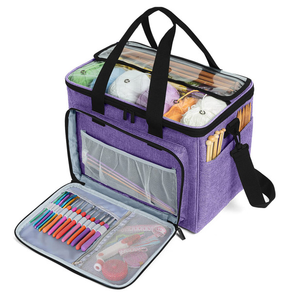 Teamoy Knitting Bag, Yarn Tote Organizer With Inner Divider (Sewn To Bottom) For Crochet Hooks, Knitting Needles(Up To 14"), Project And Supplies, Purple -No Accessories Included