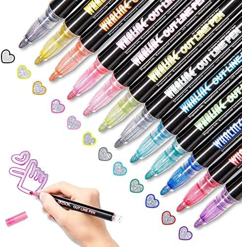 Whaline Outline Shimmer Markers 12 Colors Double Line Outline Pens Stocking Stuffers For Teen Girl s Trendy Stuff Glitter Metallic Gel Pens For Birthday Christmas Card Journaling Drawing Crafting