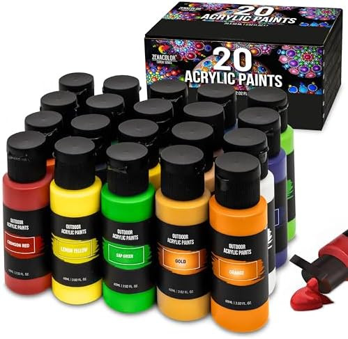 Zenacolor Outdoor Acrylic Paint Set (2 Fl Oz)- 20 Tubes 2 With Glow In The Dark Effect - Art Supplies For Adults - For Multiple Use- Woods, Leather, Metal & Fabric Paint & Paint For Rocks Outdoor/Craft Paint