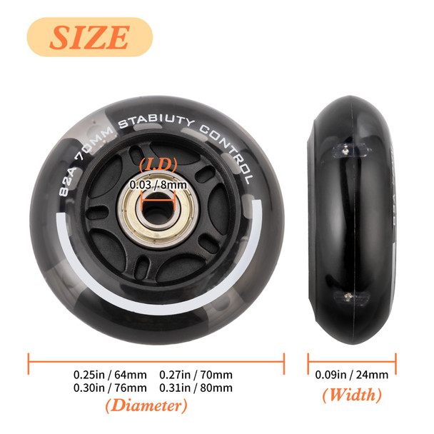 2PM SPORTS 4 Pack 76mm, 82A Inline Skate Wheels with ABEC-7 Bearing, Indoor/Outdoor Inline Skates Wheels