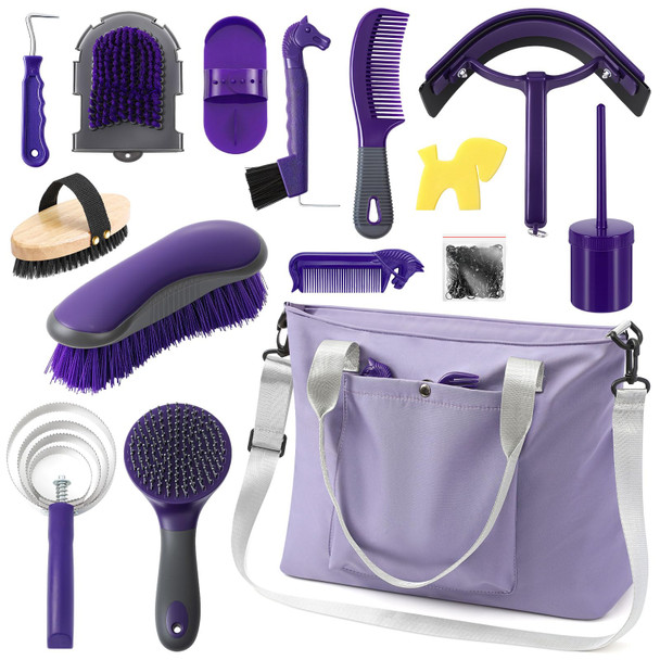 Abbylike 15 Pieces Horse Grooming Kit With Organizer Tote Bag Tack Room Supplies Horse Brush Sets Care Equine Cleaning Kit Shedding Grooming Massaging Tools(Purple And Grey)