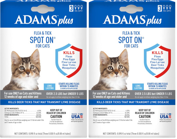 Adams Plus Flea & Tick Spot On For Cats Over 2.5 Lbs But Under 5 Pounds 3 Month Supply