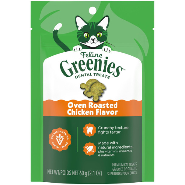 Greenies Cat Treats Feline Veterinarian-Recommended Adult Natural Dental Cat Treats Oven Roasted Chicken Flavor 4.6 Oz. Pouch