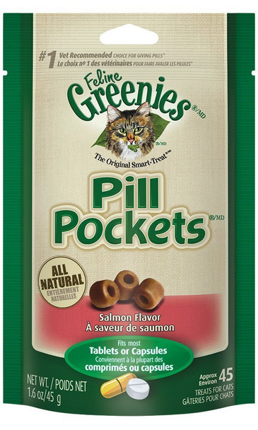 Greenies Feline Pill Pockets For Cats Natural Soft Cat Treats Salmon Flavor 1.6 Oz. Pouch (45 Treats)