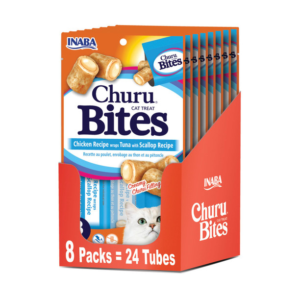 Inaba Churu Bites For Cats Soft Baked Chicken Churu Filled Cat Treats With Vitamin E 0.35 Ounces Each Tube 24 Tubes Total (3 Per Pack) Tuna Recipe
