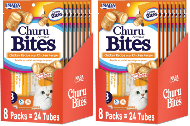 Inaba Churu Bites For Cats Soft Baked Chicken Churu Filled Cat Treats With Vitamin E 0.35 Ounces Each Tube 24 Tubes Total (3 Per Pack) Tuna Recipe