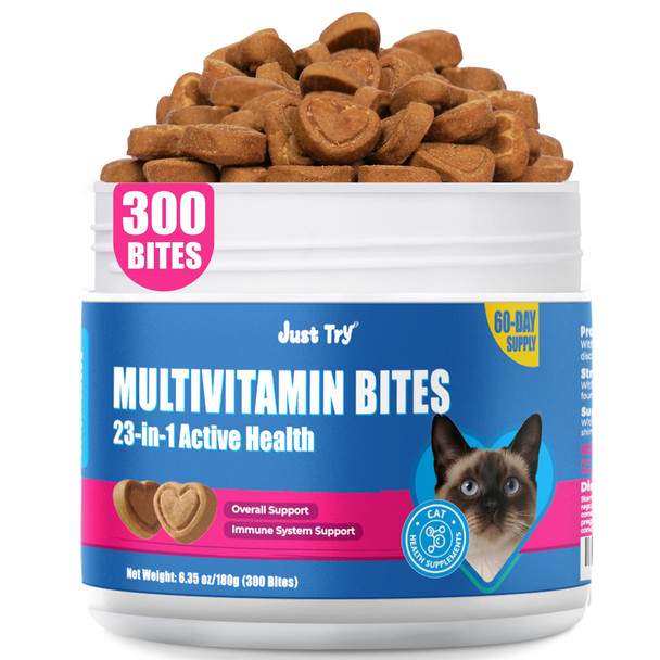Just Try 23 In 1 Taurine For Cats Vitamins Treats With L-Lysine For Immune Joint Support Skin & Coat & Heart Health - Multivitamin Hiv Omega 3 Biotin Supplements For Indoor & Senior Cat - 300 Bites