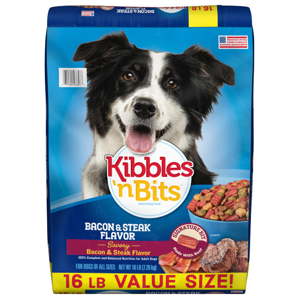 Kibbles 'N Bits Dry Dog Food Savory Bacon & Steak Flavor For Adult Dogs 16 Lb. Bag