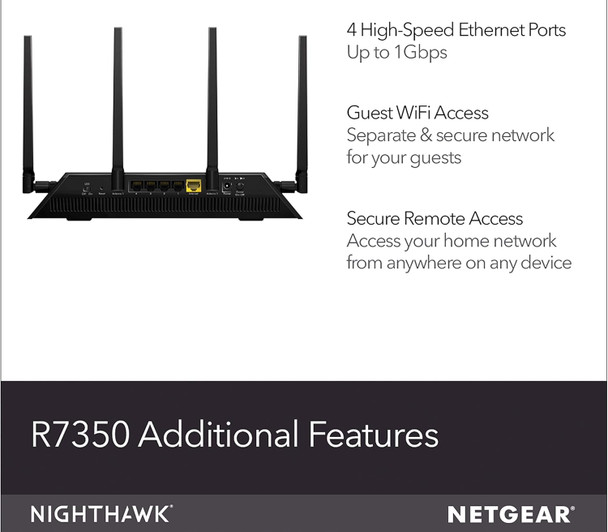 NETGEAR Nighthawk R7350 AC2400 Router: Fast Beamforming Wi-Fi for Gaming, 4K UHD Streaming. 2400Mbps, 2500 Sq Ft, QoS, Dual Core, 2.4 + 5GHz, 5 x GIGABIT + USB 3.0 Port, Smart WiFi Router R7350-NAS NETGEAR Nighthawk R7350 AC2400 Router: Fast Beamforming Wi-Fi for Gaming, 4K UHD Streaming. 2400Mbps, 2500 Sq Ft, QoS, Dual Core, 2.4 + 5GHz, 5 x GIGABIT + USB 3.0 Port, Smart WiFi Router R7350-NAS