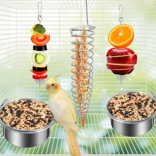 Mqacpupy 5Pcs Bird Cage Food Bowl Set Stainless Steel Millet Holder With Parakeet Feeder Pet Feeding Supplies
