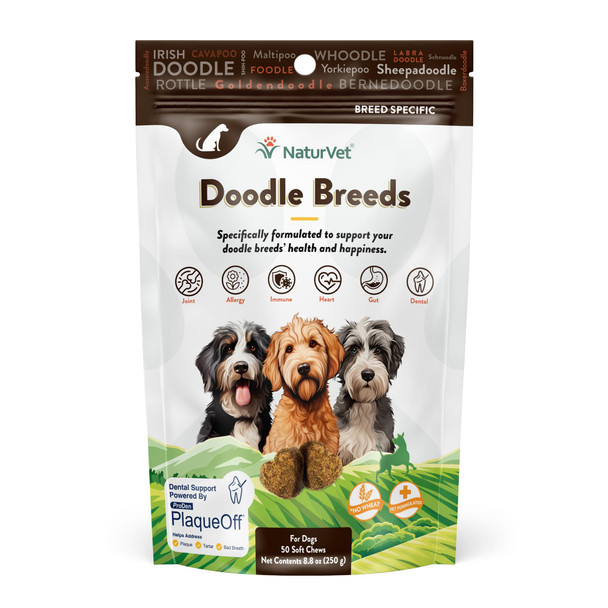 Naturvet Doodle Breeds Supplement- For Joint Support Digestion Skin Coat Care- Dog Multivitamins With Minerals Omega-3 Plaqueoff- Wheat- Vitamins For Dogs- Doodle Breeds- 50 Soft Chews