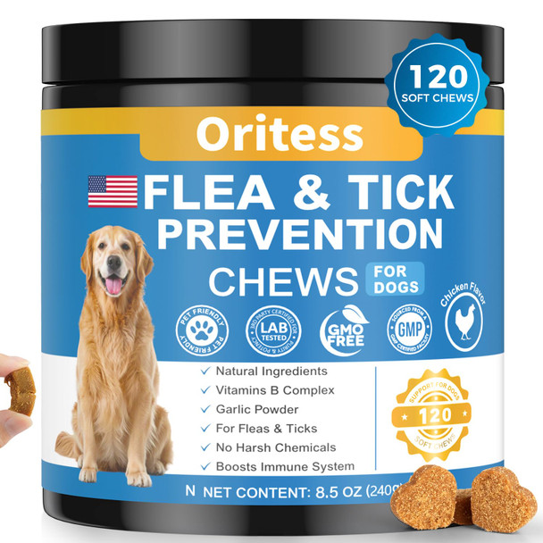 Oritess Flea And Tick Prevention For Dogs 200 Soft Chews Natural Dog Flea And Tick Chewables Oral Flea Supplement For Dogs Puppy Flea Support - All Breeds & Ages - Chicken Flavor