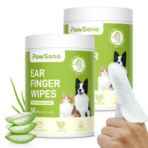 Pawsono Ear Finger Wipes For Dogs & Cats Thicker Dog Ear Cleaner Wipes Natural Relief Cat Ear Cleaner Dog Pet Health Supplies For Dog Small Animal Cat Aloe Scent Deodorizing - 50 Count