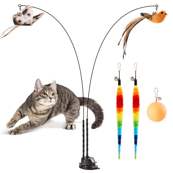 Potaroma Suction Cup Cat Wand Toys Dual-Wand Interactive Kitten Toy For Indoor Cats With 5 Pcs Feathers Balls Attachments Charcoal Base
