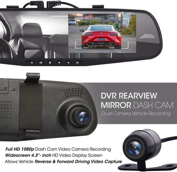 Pyle Dash Cam Rearview Mirror - 4.3” DVR Monitor Rear View Dual Camera Video Recording System in Full HD 1080p w/ Built in G-Sensor Motion Detect Parking Control Loop Record Support - PLCMDVR49 Pyle Dash Cam Rearview Mirror - 4.3” DVR Monitor Rear View Dual Camera Video Recording System in Full HD 1080p w/ Built in G-Sensor Motion Detect Parking Control Loop Record Support - PLCMDVR49