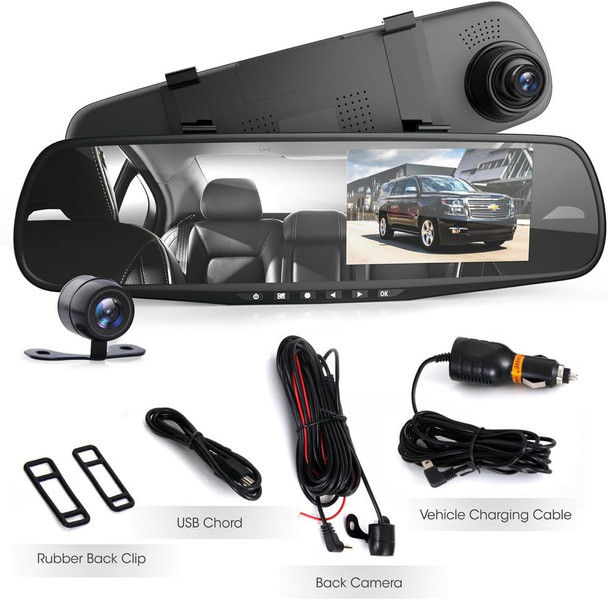 Pyle Dash Cam Rearview Mirror - 4.3” DVR Monitor Rear View Dual Camera Video Recording System in Full HD 1080p w/ Built in G-Sensor Motion Detect Parking Control Loop Record Support - PLCMDVR49 Pyle Dash Cam Rearview Mirror - 4.3” DVR Monitor Rear View Dual Camera Video Recording System in Full HD 1080p w/ Built in G-Sensor Motion Detect Parking Control Loop Record Support - PLCMDVR49