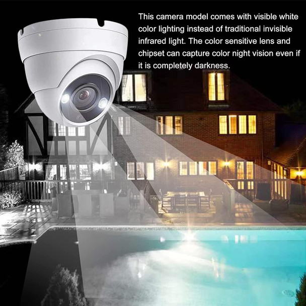 Real HD 5MP Full Color Night Vision Dome TVI CCTV Security Camera with Visible White LED Lights, 65ft Night Vision, 2.8mm Wide Viewing Angle, Outdoor, Full Metal, ONLY Compatible with 5MP and 8MP DVR Real HD 5MP Full Color Night Vision Dome TVI CCTV Security Camera with Visible White LED Lights, 65ft Night Vision, 2.8mm Wide Viewing Angle, Outdoor, Full Metal, ONLY Compatible with 5MP and 8MP DVR