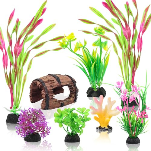 Quozuo Small Fish Broken Barrel Decor Fish Tank Decorations Aquarium Accessories Plants Plastic Resin Barrel And Coral Hideout Ornaments Aquarium Decor Set 8 Pieces