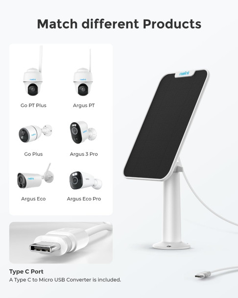 REOLINK Solar Panel Power Supply Designed Home Security Outdoor Rechargeable Battery Cameras Argus 2E/Argus 3 Pro/Argus Eco/Go Plus/Argus PT/Duo 4G, Waterproof, Reliable and Non-Stop Charging (White) REOLINK Solar Panel Power Supply Designed Home Security Outdoor Rechargeable Battery Cameras Argus 2E/Argus 3 Pro/Argus Eco/Go Plus/Argus PT/Duo 4G, Waterproof, Reliable and Non-Stop Charging (White)