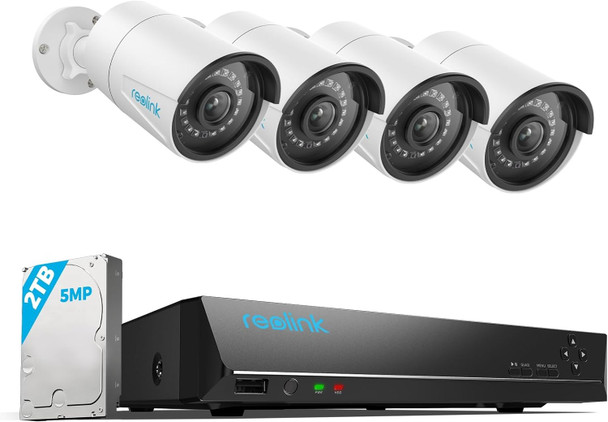 REOLINK 8CH 5MP Home Surveillance & Security Camera System, 4pcs Wired 5MP Outdoor PoE IP Cameras with Person Vehicle Detection, 4K 8CH NVR with 2TB HDD for 24-7 Recording, RLK8-410B4-5MP White REOLINK 8CH 5MP Home Surveillance & Security Camera System, 4pcs Wired 5MP Outdoor PoE IP Cameras with Person Vehicle Detection, 4K 8CH NVR with 2TB HDD for 24-7 Recording, RLK8-410B4-5MP White
